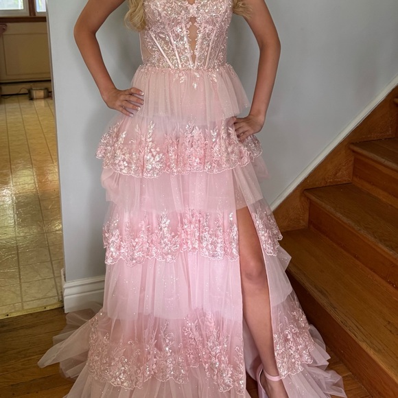 Sherri Hill Pink Lace Tiered Prom Dress
